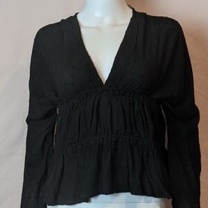 ASOS Black Textured V Neck Long Sleeve Keyhole Back Smock Top size 2